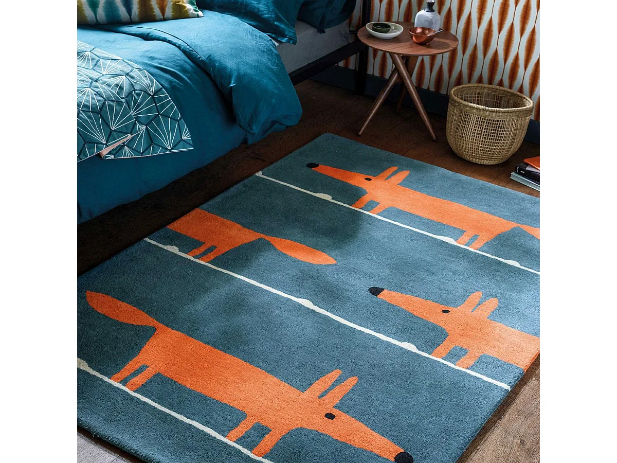 Tapis enfant 90x150 fait à la main en laine bleu et orange MR FOX