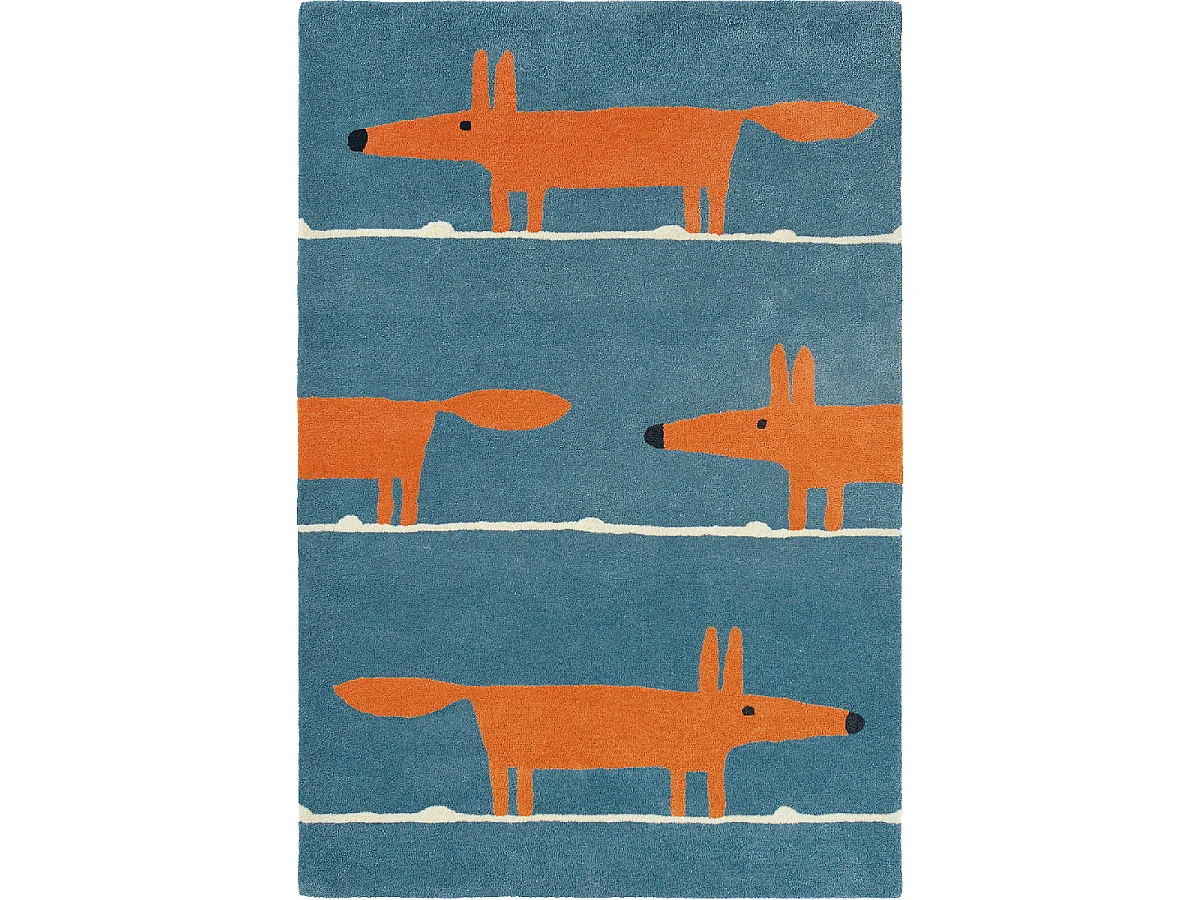 Tapis enfant 90x150 fait à la main en laine bleu et orange MR FOX