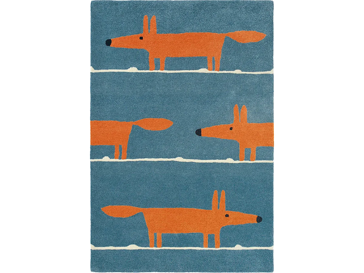 Tapis enfant 90x150 fait à la main en laine bleu et orange MR FOX