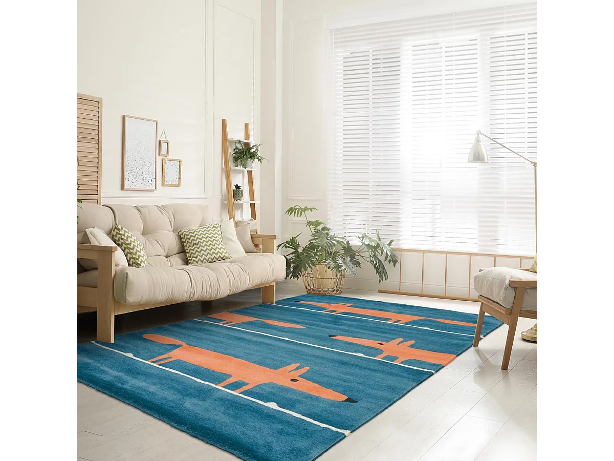 Tapis enfant 120x180 fait à la main en laine bleu et orange MR FOX