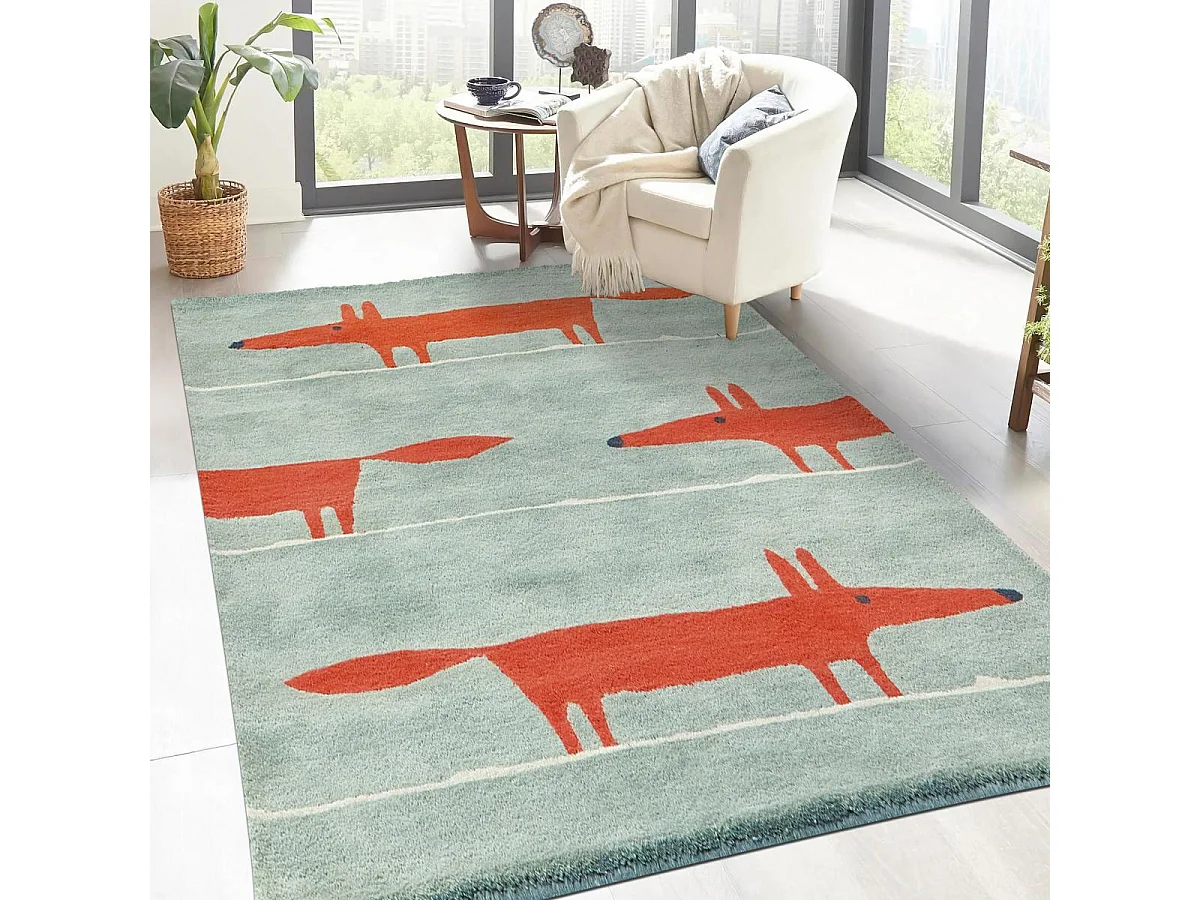 Tapis enfant 90x150 fait à la main en laine vert pastel et rouge MR FOX
