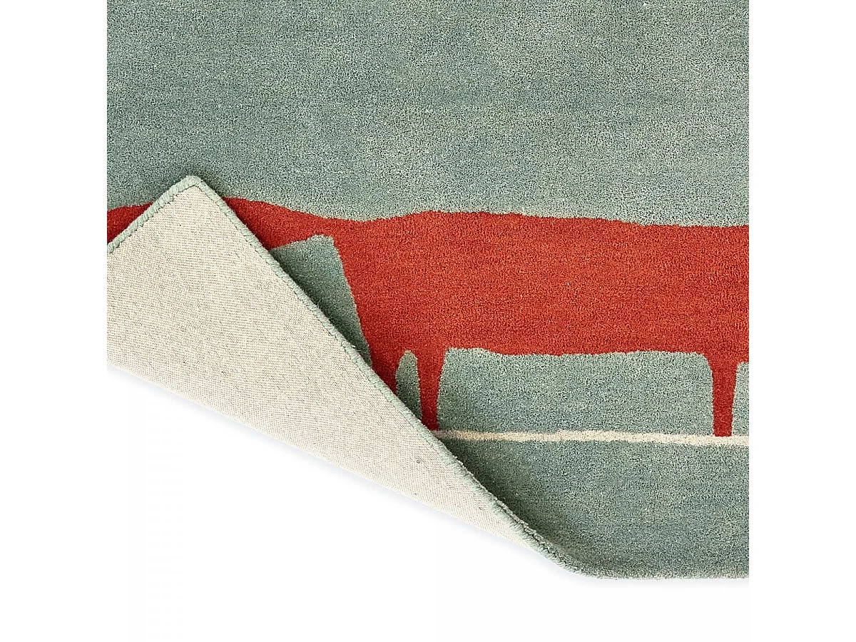 Tapis enfant 90x150 fait à la main en laine vert pastel et rouge MR FOX