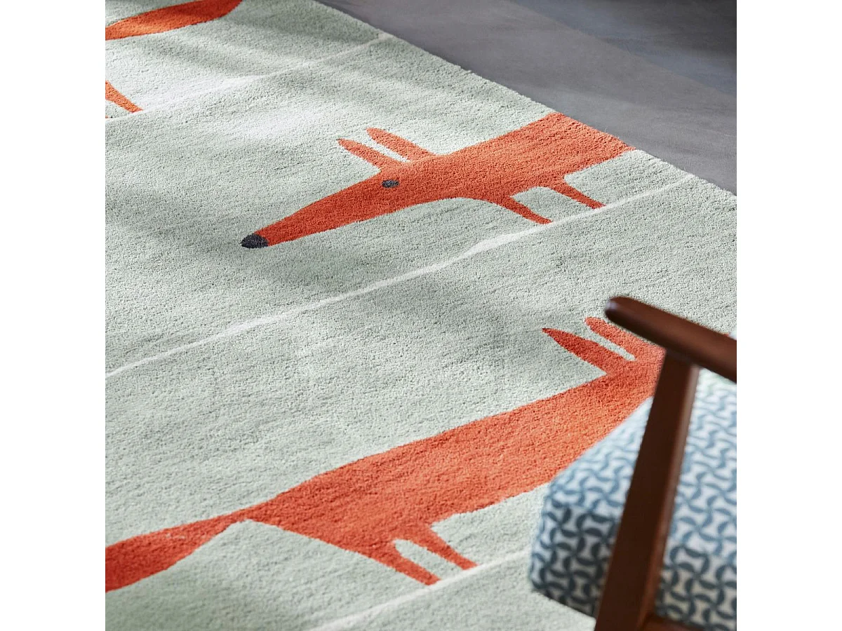 Tapis enfant 90x150 fait à la main en laine vert pastel et rouge MR FOX