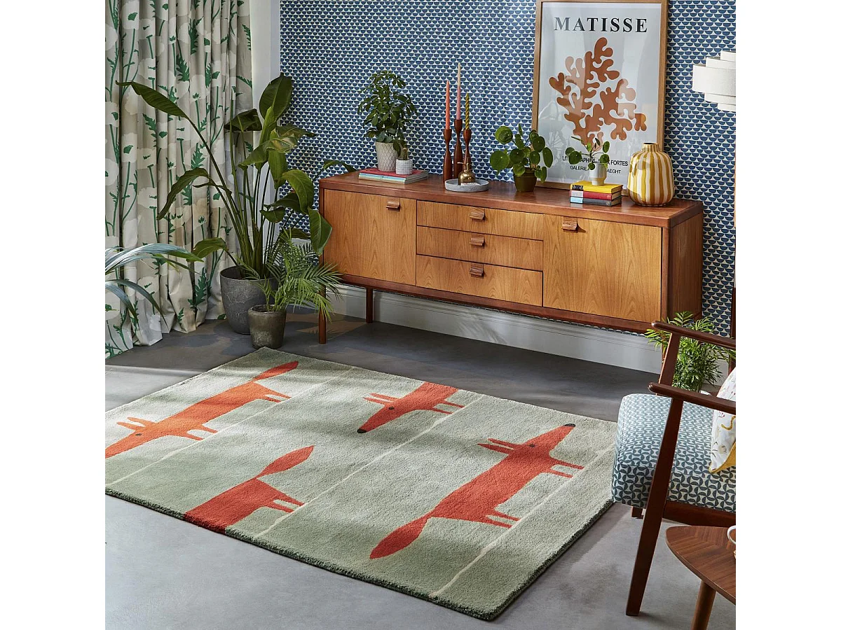 Tapis enfant 90x150 fait à la main en laine vert pastel et rouge MR FOX