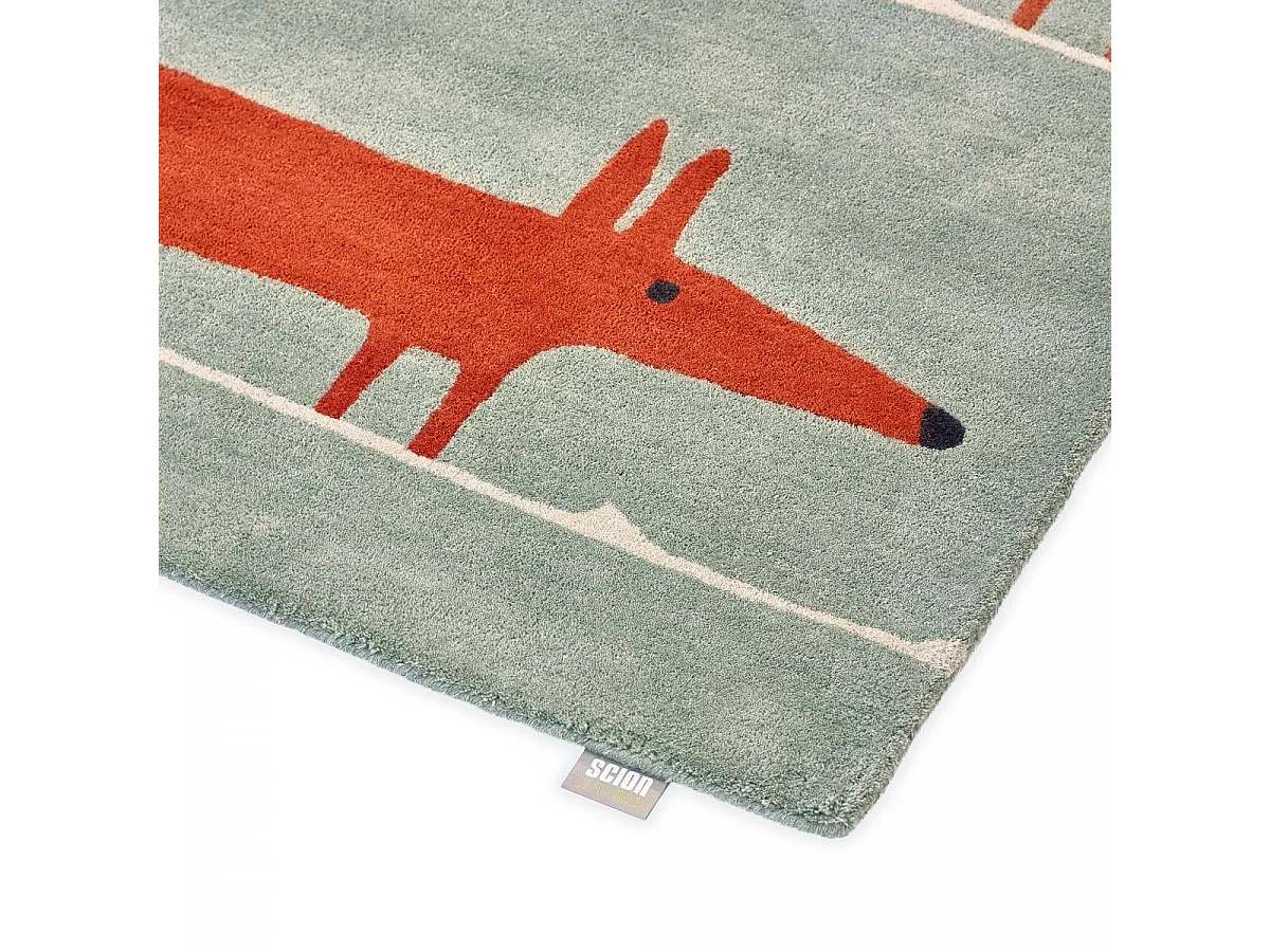 Tapis enfant 90x150 fait à la main en laine vert pastel et rouge MR FOX