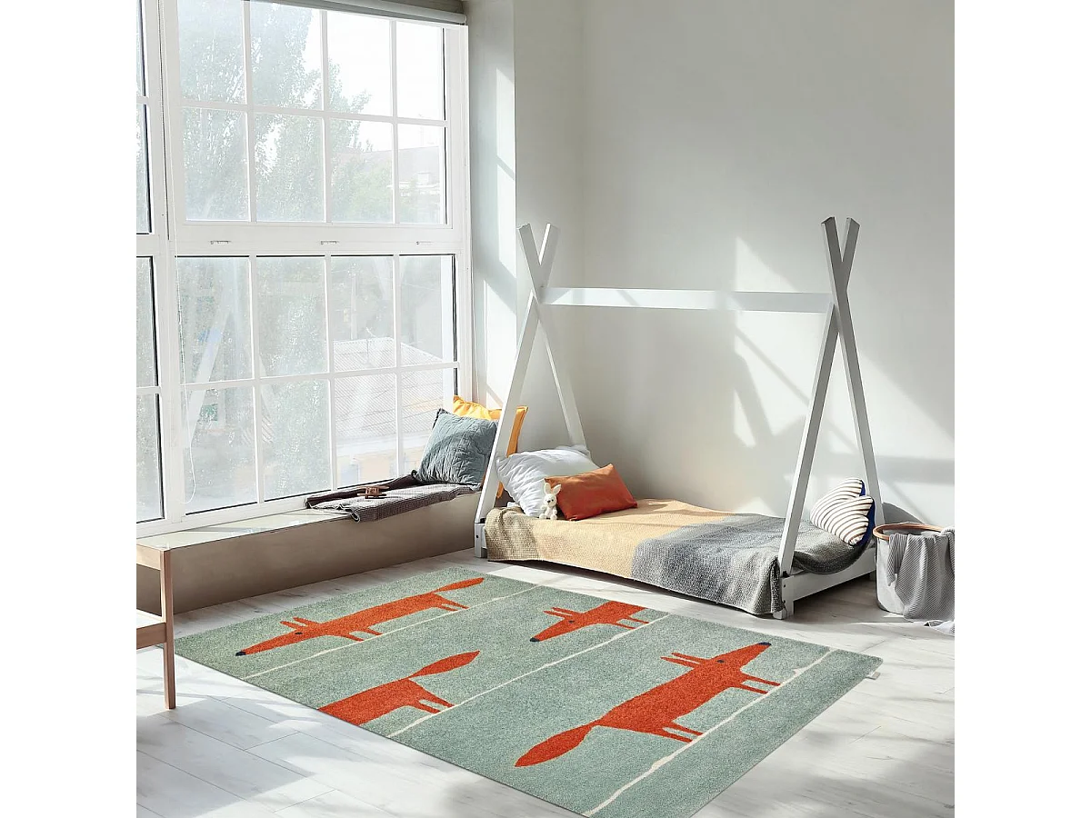 Tapis enfant 90x150 fait à la main en laine vert pastel et rouge MR FOX