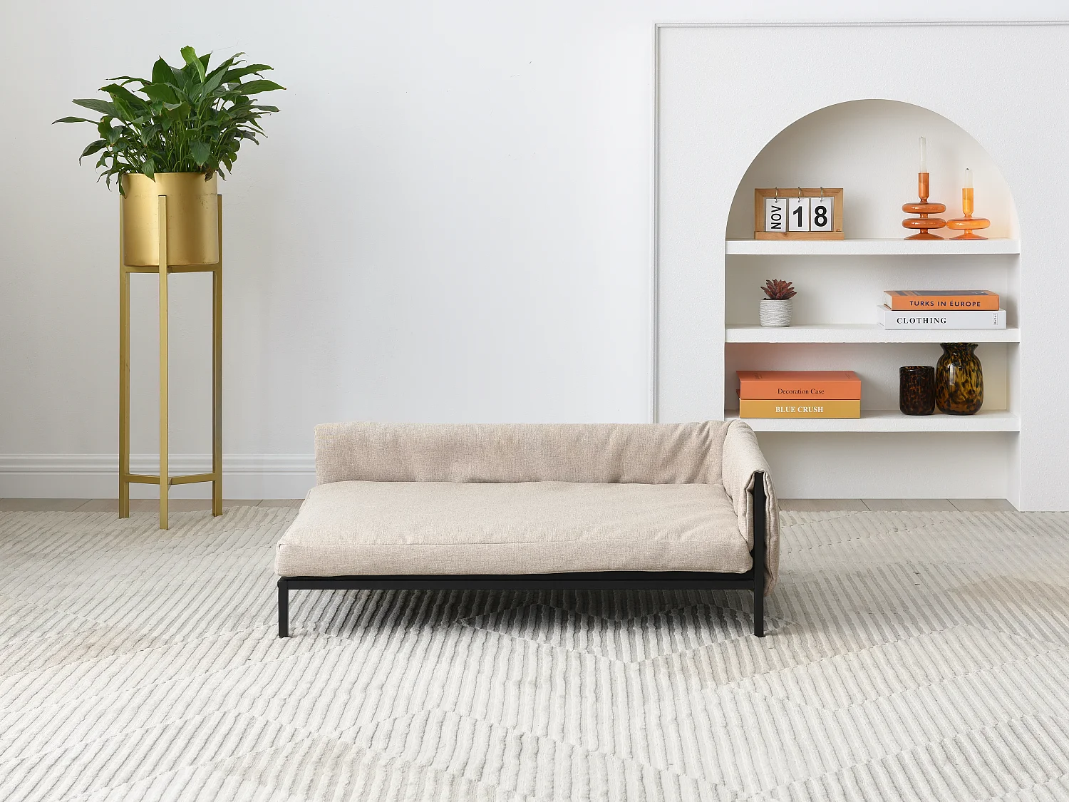 Canapé d'angle pour animaux en lin et piètement métal - Beige - L. 80 x P. 58 x H. 28 cm - SIPARIA