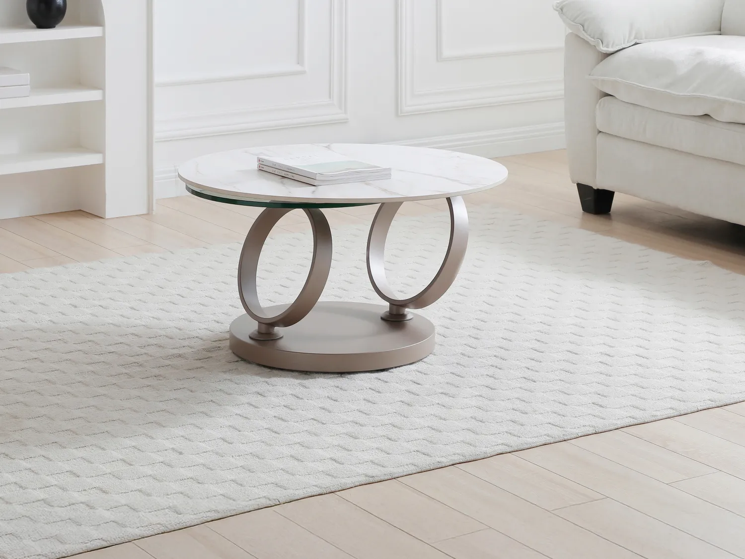 Table basse avec plateaux pivotants en céramique, verre trempé et métal taupe - Effet marbre blanc - JOLINE de Maison Céphy