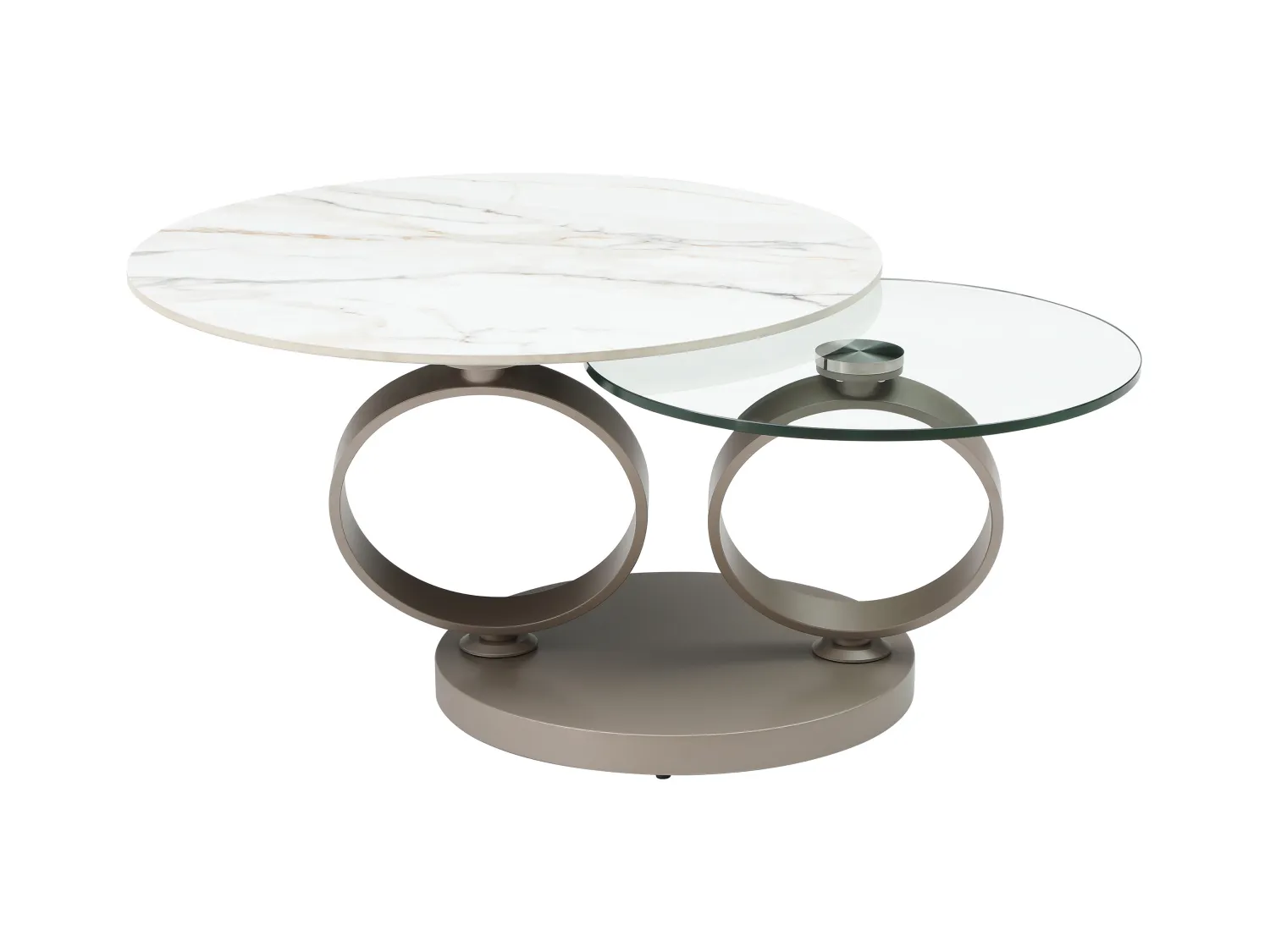 Table basse avec plateaux pivotants en céramique, verre trempé et métal taupe - Effet marbre blanc - JOLINE de Maison Céphy