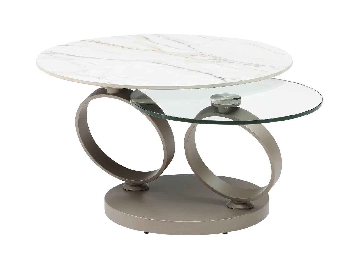 Table basse avec plateaux pivotants en céramique, verre trempé et métal taupe - Effet marbre blanc - JOLINE de Maison Céphy