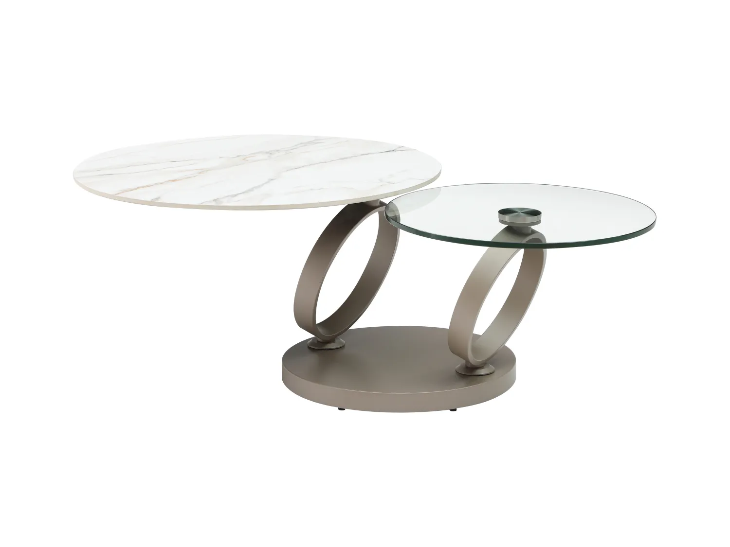 Table basse avec plateaux pivotants en céramique, verre trempé et métal taupe - Effet marbre blanc - JOLINE de Maison Céphy