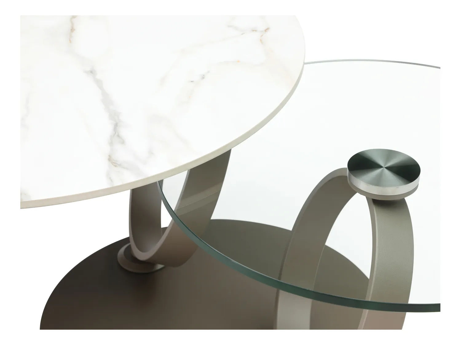 Table basse avec plateaux pivotants en céramique, verre trempé et métal taupe - Effet marbre blanc - JOLINE de Maison Céphy