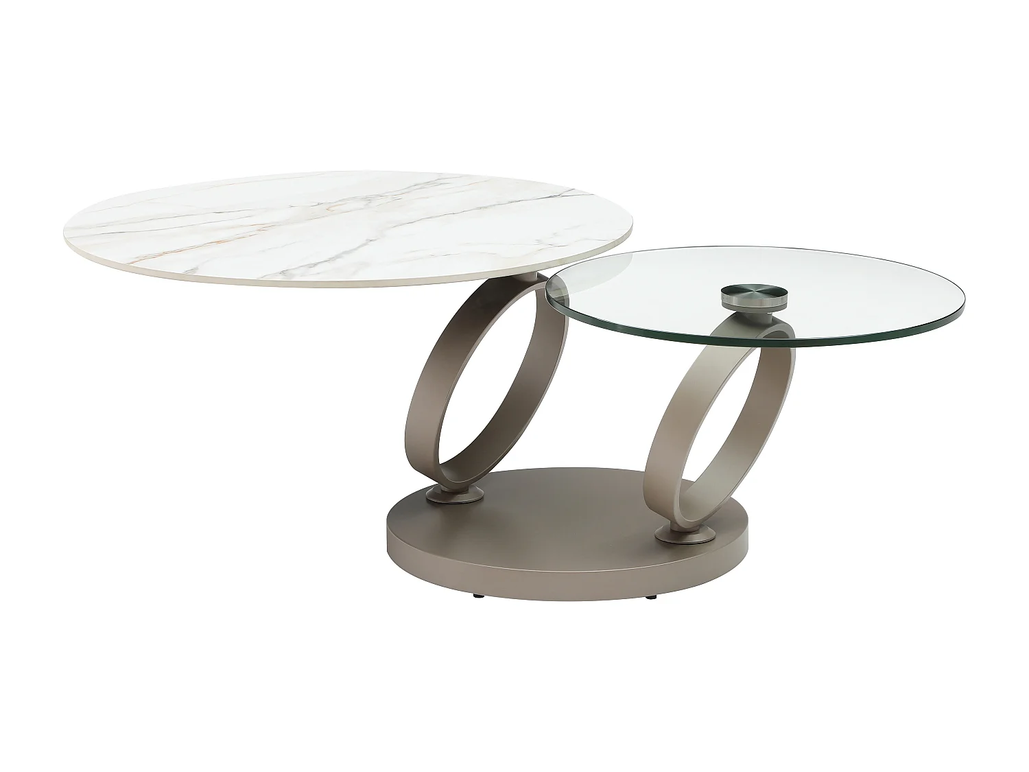 Table basse avec plateaux pivotants en céramique, verre trempé et métal taupe - Effet marbre blanc - JOLINE de Maison Céphy