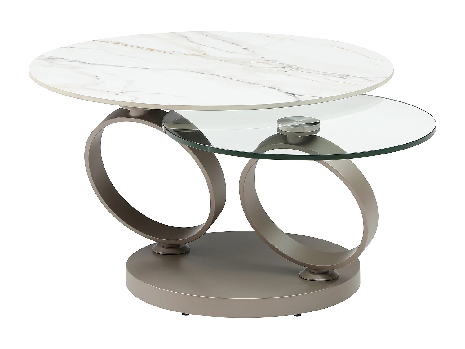 Table basse avec plateaux pivotants en céramique, verre trempé et métal taupe - Effet marbre blanc - JOLINE de Maison Céphy