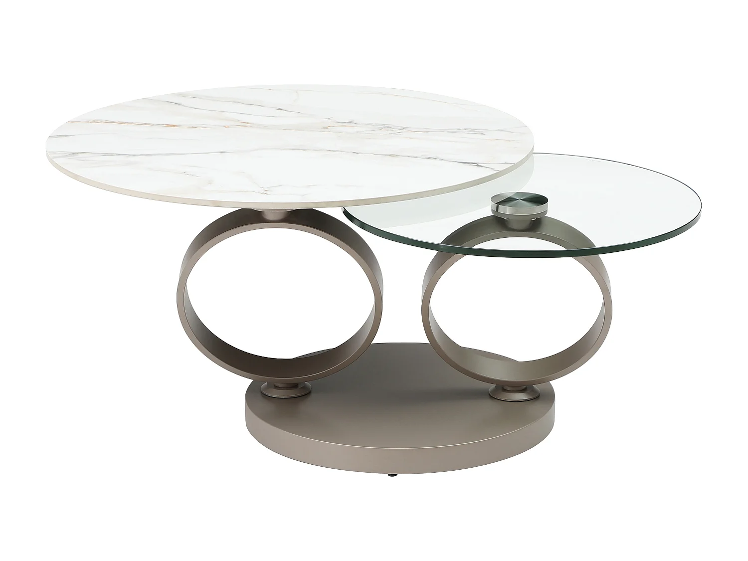 Table basse avec plateaux pivotants en céramique, verre trempé et métal taupe - Effet marbre blanc - JOLINE de Maison Céphy