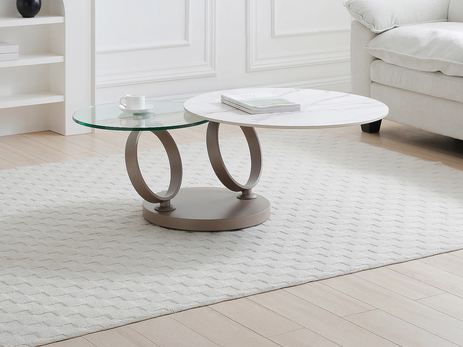 Table basse avec plateaux pivotants en céramique, verre trempé et métal taupe - Effet marbre blanc - JOLINE de Maison Céphy