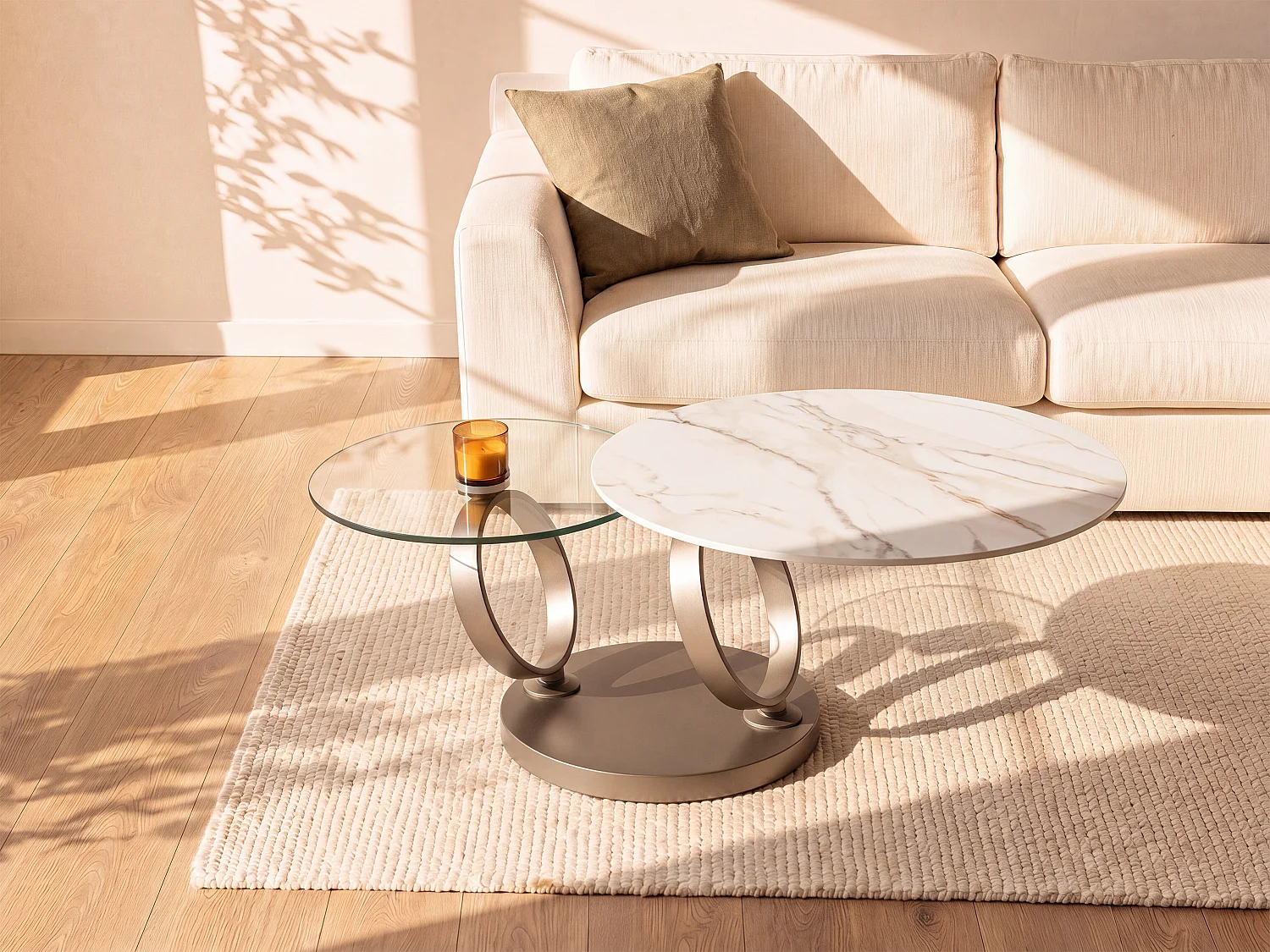 Table basse avec plateaux pivotants en céramique, verre trempé et métal taupe - Effet marbre blanc - JOLINE de Maison Céphy