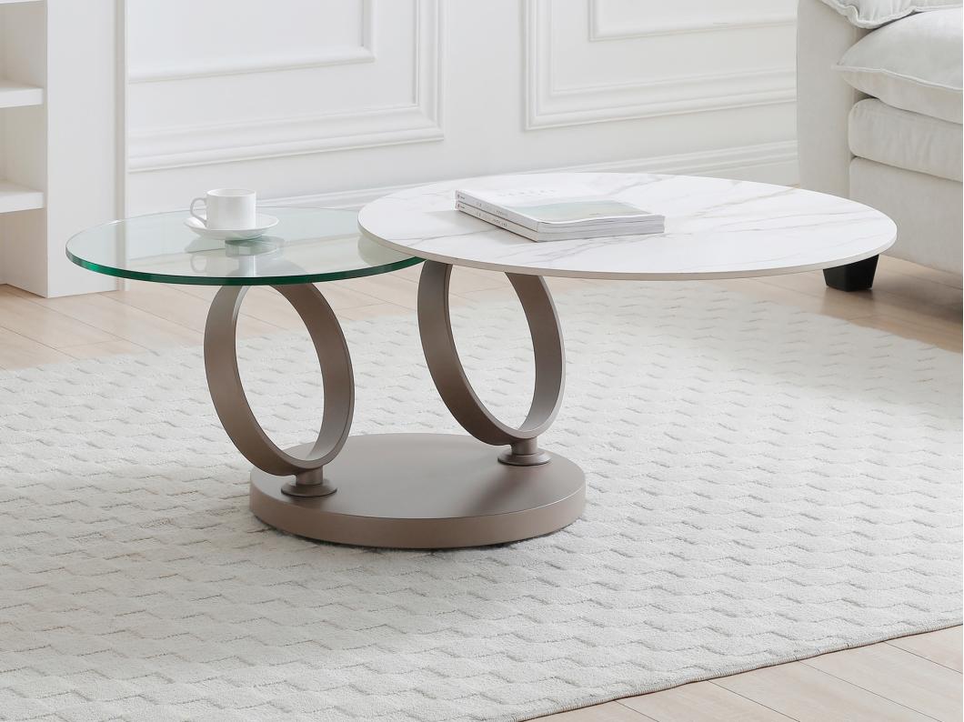 Table basse avec plateaux pivotants en céramique, verre trempé et métal taupe - Effet marbre blanc - JOLINE de Maison Céphy