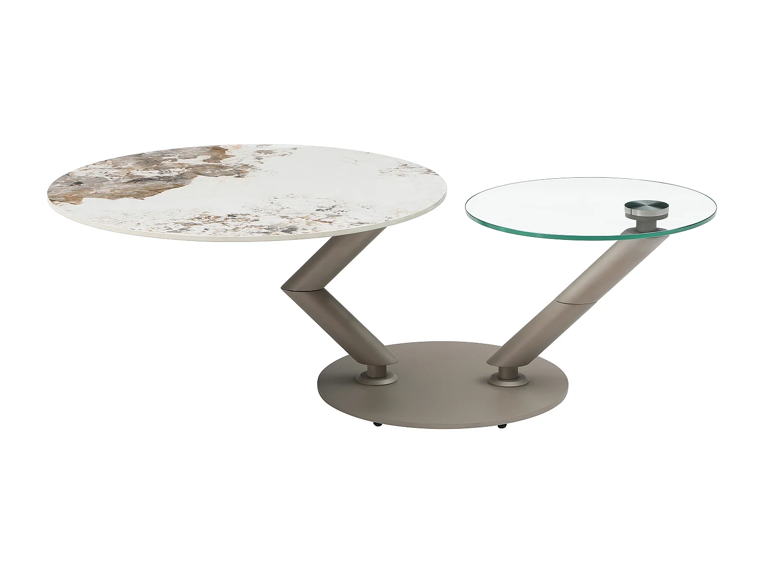 Couchtisch mit drehbaren Tischplatten - Keramik, Sicherheitsglas & taupefarbenes Metall - Marmor-Optik Weiß & Grau - ELDOVA