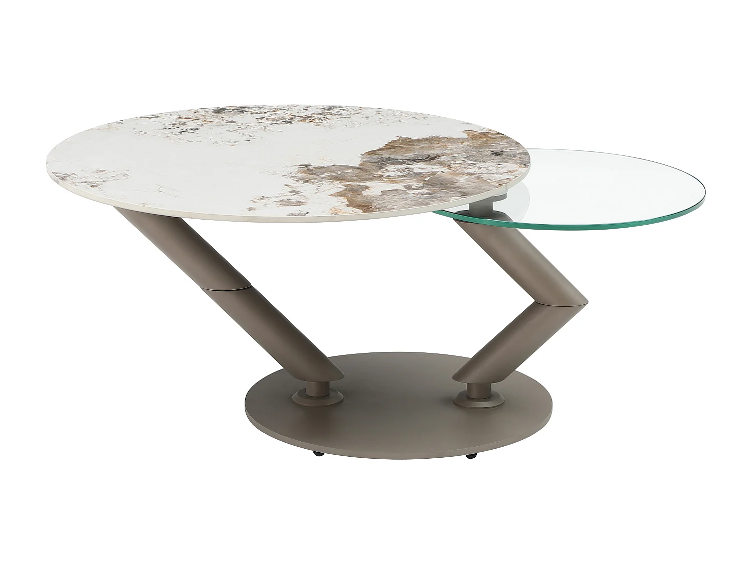 Couchtisch mit drehbaren Tischplatten - Keramik, Sicherheitsglas & taupefarbenes Metall - Marmor-Optik Weiß & Grau - ELDOVA