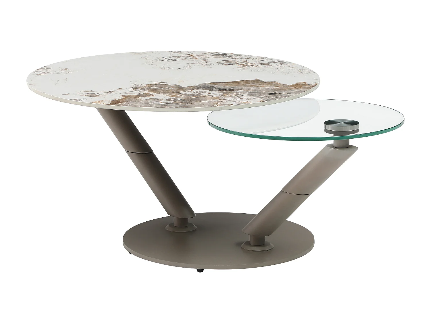 Couchtisch mit drehbaren Tischplatten - Keramik, Sicherheitsglas & taupefarbenes Metall - Marmor-Optik Weiß & Grau - ELDOVA