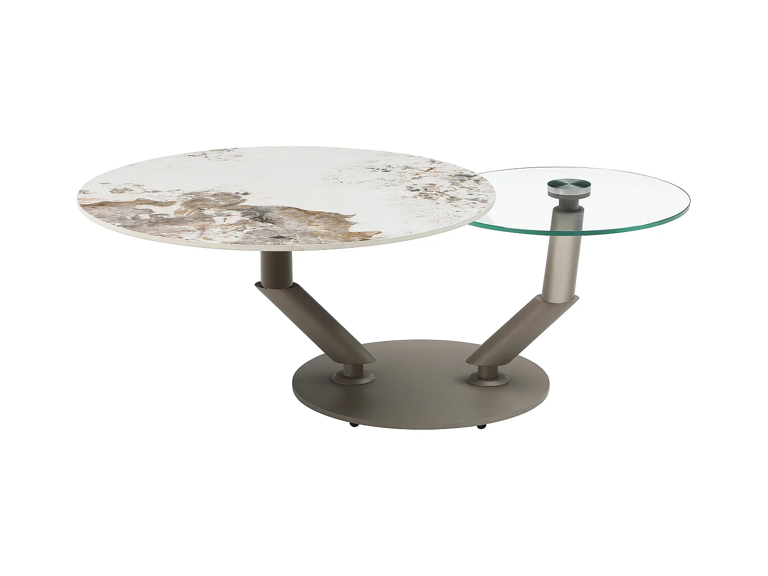 Salontafel met draaiende bladen in keramiek, gehard glas en taupe metaal - Witte en grijze marmerlook - ELDOVA