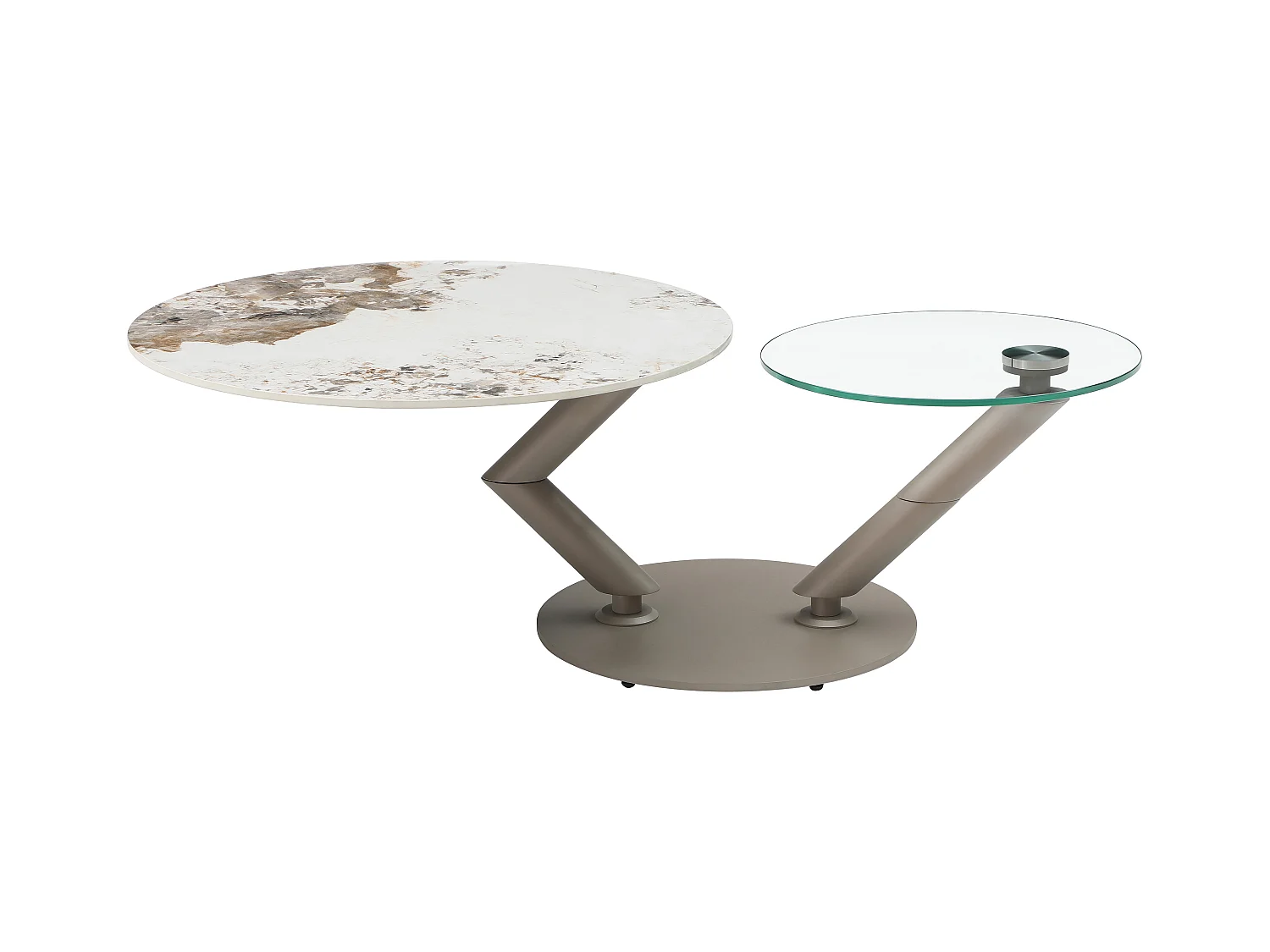 Salontafel met draaiende bladen in keramiek, gehard glas en taupe metaal - Witte en grijze marmerlook - ELDOVA