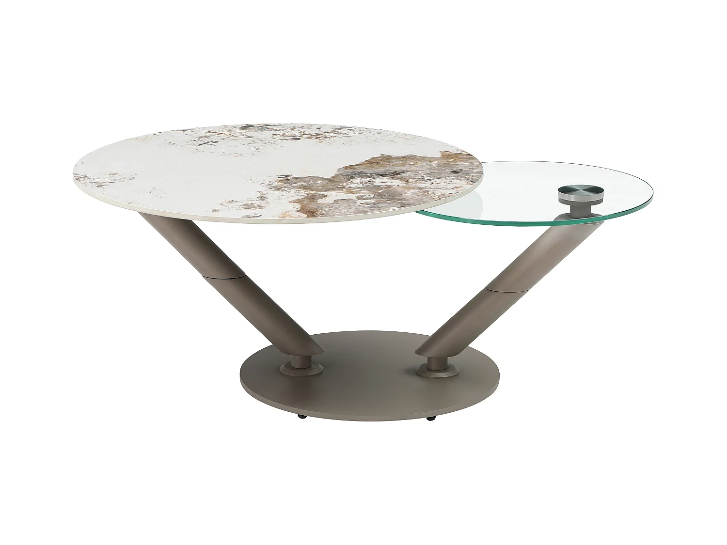 Salontafel met draaiende bladen in keramiek, gehard glas en taupe metaal - Witte en grijze marmerlook - ELDOVA