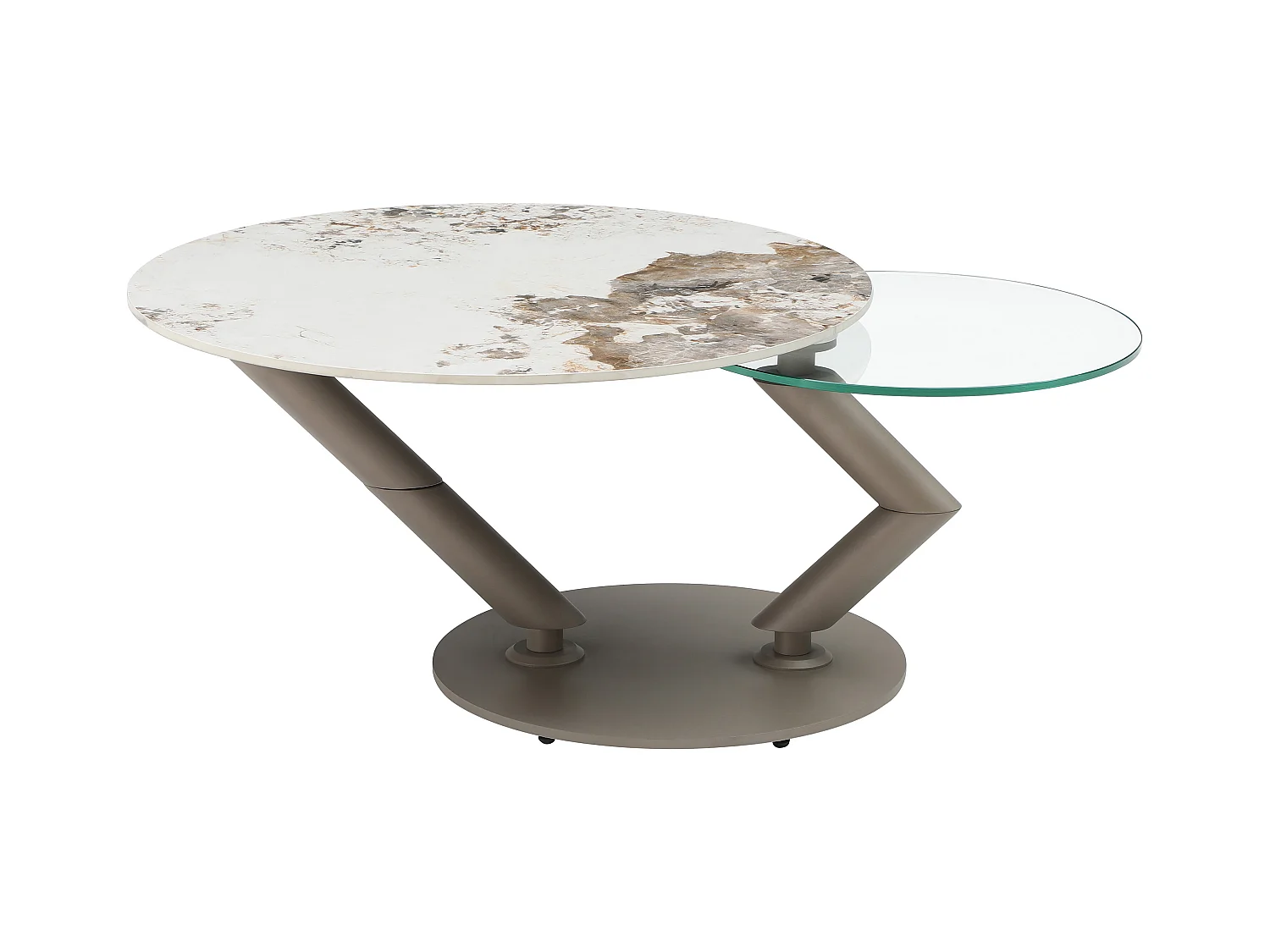 Salontafel met draaiende bladen in keramiek, gehard glas en taupe metaal - Witte en grijze marmerlook - ELDOVA