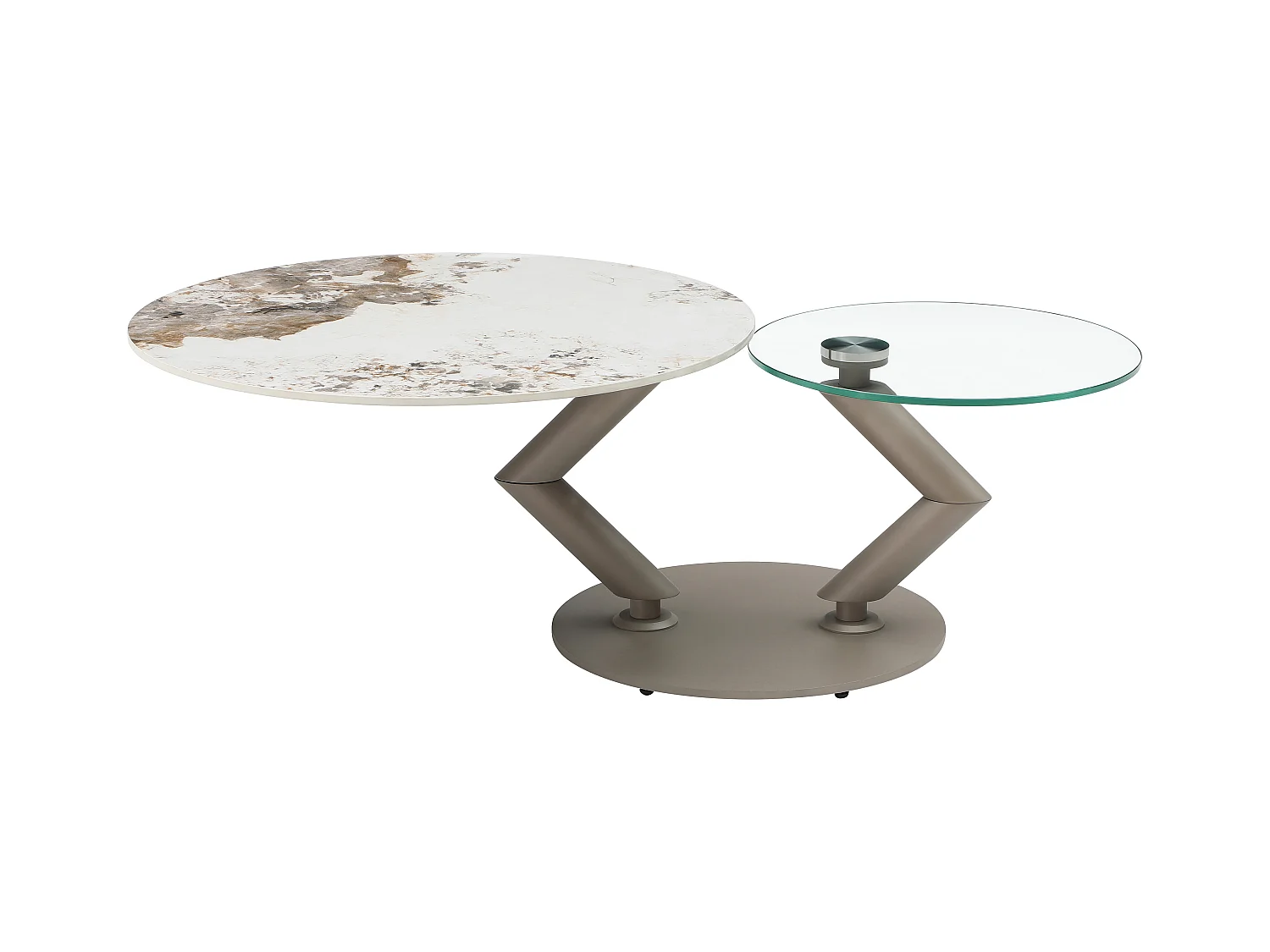 Salontafel met draaiende bladen in keramiek, gehard glas en taupe metaal - Witte en grijze marmerlook - ELDOVA