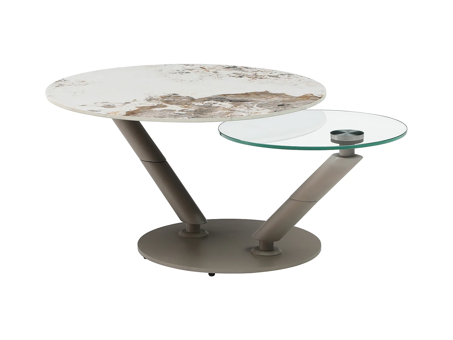 Salontafel met draaiende bladen in keramiek, gehard glas en taupe metaal - Witte en grijze marmerlook - ELDOVA