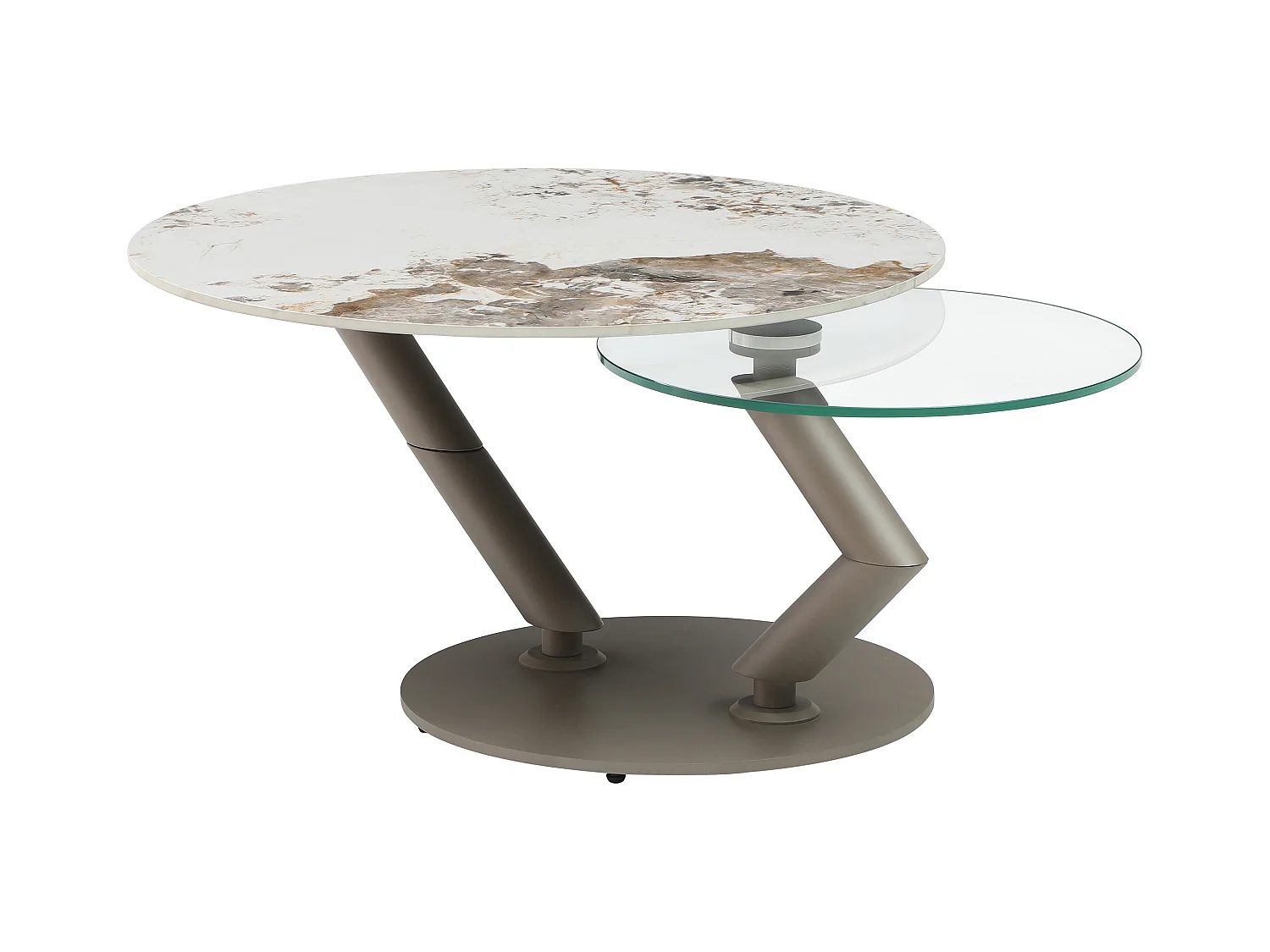 Salontafel met draaiende bladen in keramiek, gehard glas en taupe metaal - Witte en grijze marmerlook - ELDOVA