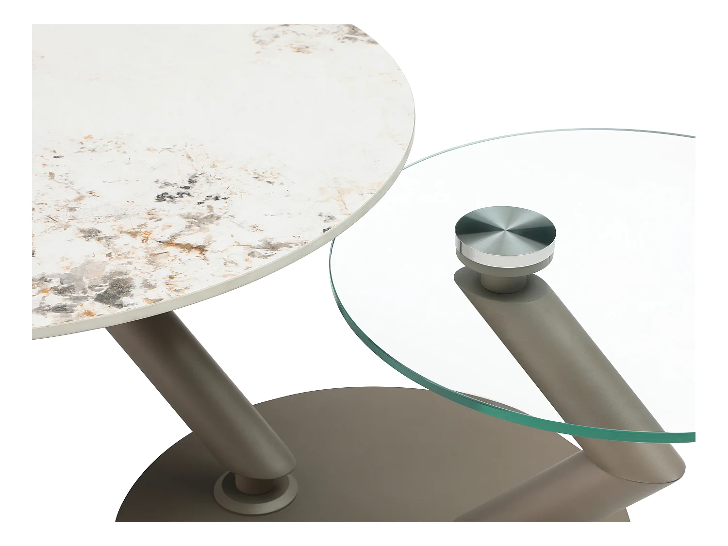 Salontafel met draaiende bladen in keramiek, gehard glas en taupe metaal - Witte en grijze marmerlook - ELDOVA