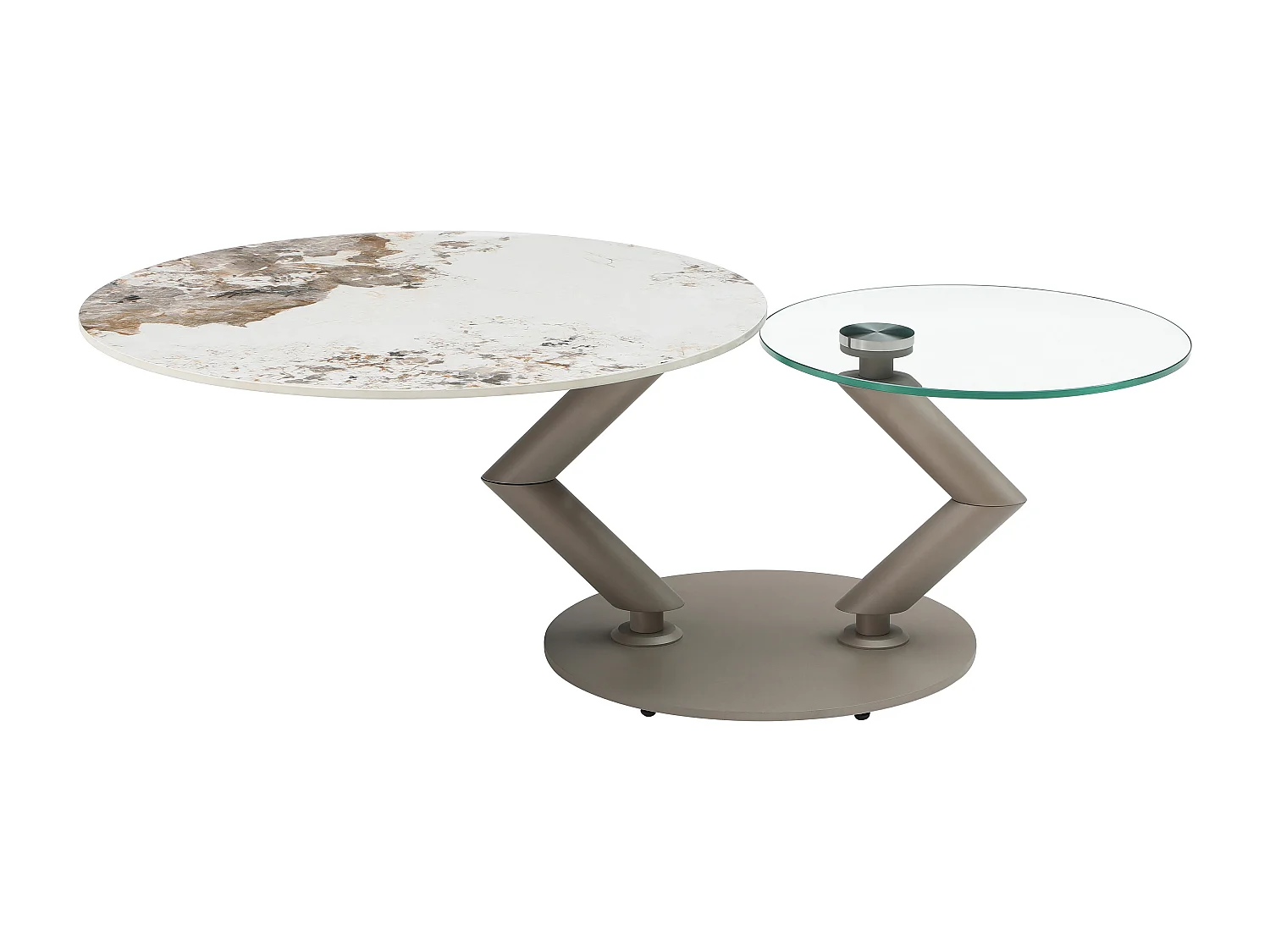 Couchtisch mit drehbaren Tischplatten - Keramik, Sicherheitsglas & taupefarbenes Metall - Marmor-Optik Weiß & Grau - ELDOVA
