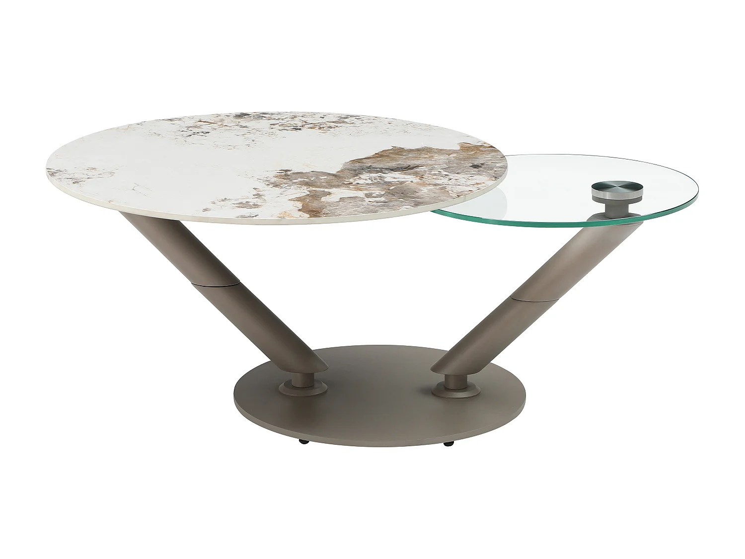 Couchtisch mit drehbaren Tischplatten - Keramik, Sicherheitsglas & taupefarbenes Metall - Marmor-Optik Weiß & Grau - ELDOVA