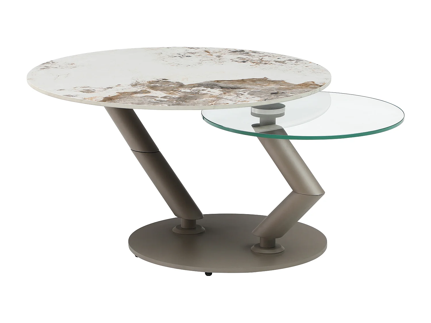 Couchtisch mit drehbaren Tischplatten - Keramik, Sicherheitsglas & taupefarbenes Metall - Marmor-Optik Weiß & Grau - ELDOVA