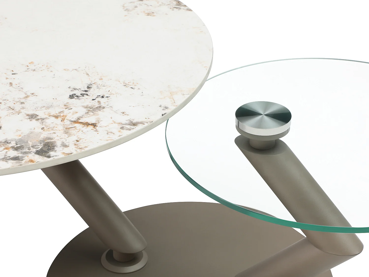 Couchtisch mit drehbaren Tischplatten - Keramik, Sicherheitsglas & taupefarbenes Metall - Marmor-Optik Weiß & Grau - ELDOVA