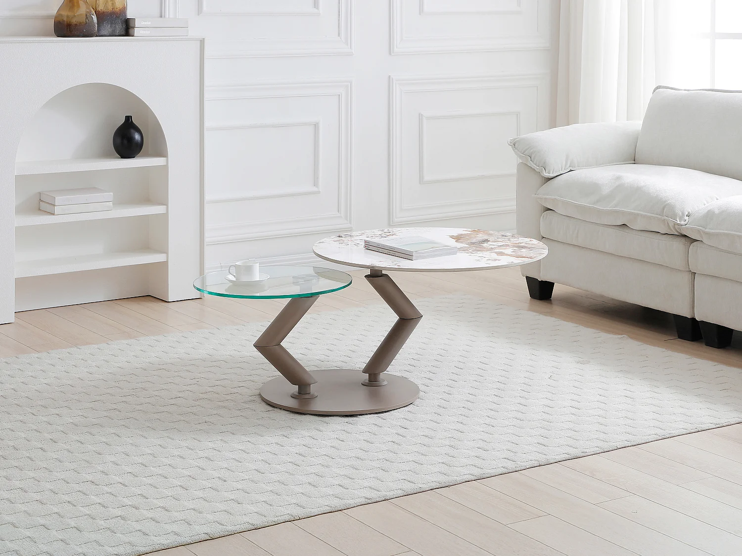 Couchtisch mit drehbaren Tischplatten - Keramik, Sicherheitsglas & taupefarbenes Metall - Marmor-Optik Weiß & Grau - ELDOVA