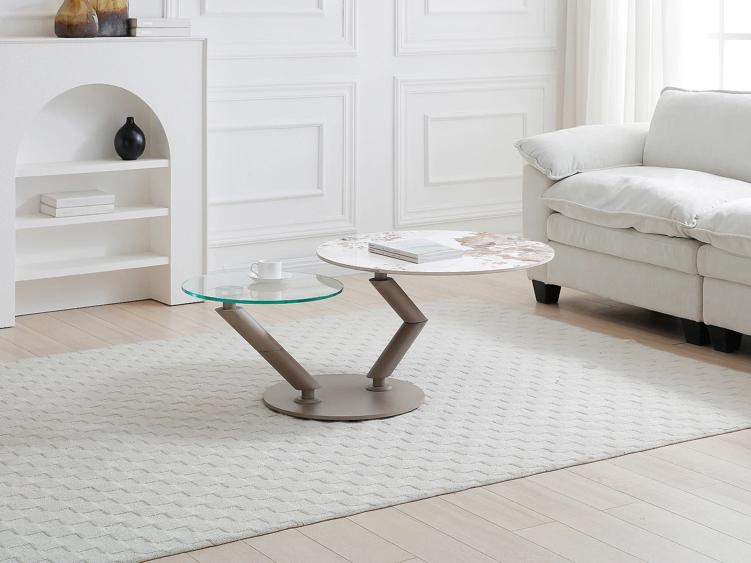 Couchtisch mit drehbaren Tischplatten - Keramik, Sicherheitsglas & taupefarbenes Metall - Marmor-Optik Weiß & Grau - ELDOVA