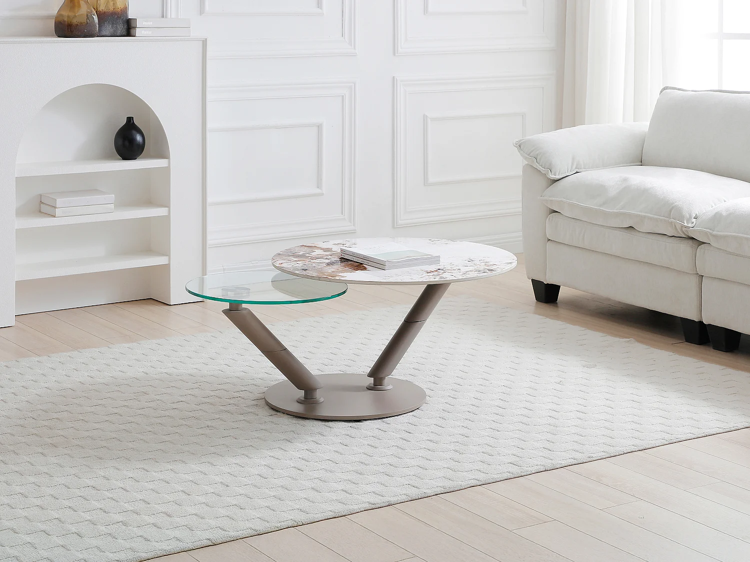 Couchtisch mit drehbaren Tischplatten - Keramik, Sicherheitsglas & taupefarbenes Metall - Marmor-Optik Weiß & Grau - ELDOVA