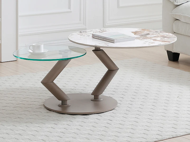Couchtisch mit drehbaren Tischplatten - Keramik, Sicherheitsglas & taupefarbenes Metall - Marmor-Optik Weiß & Grau - ELDOVA