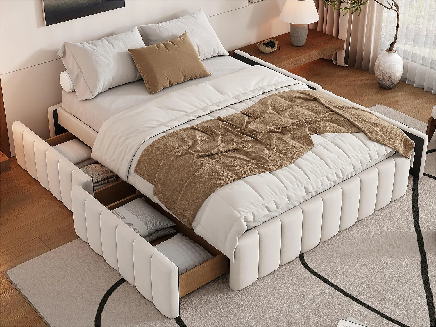 Polsterbett 140x200cm aus Samt ohne Kopfteil – mit Schubladen und Lattenrost – Beige