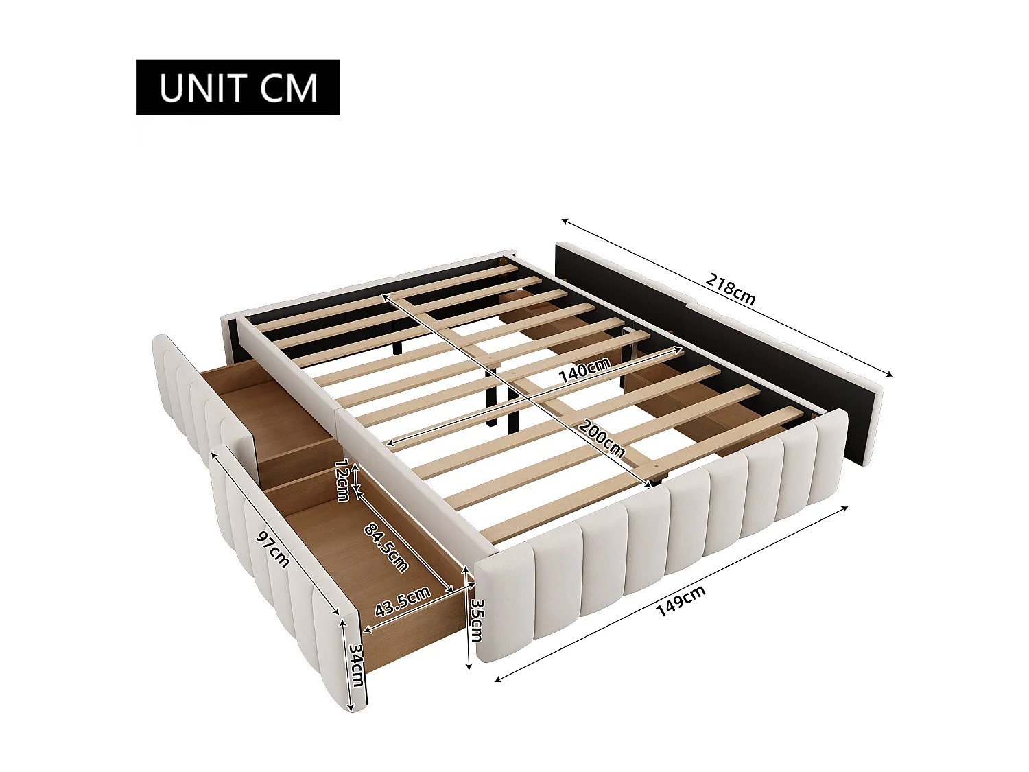 Polsterbett 140x200cm aus Samt ohne Kopfteil – mit Schubladen und Lattenrost – Beige