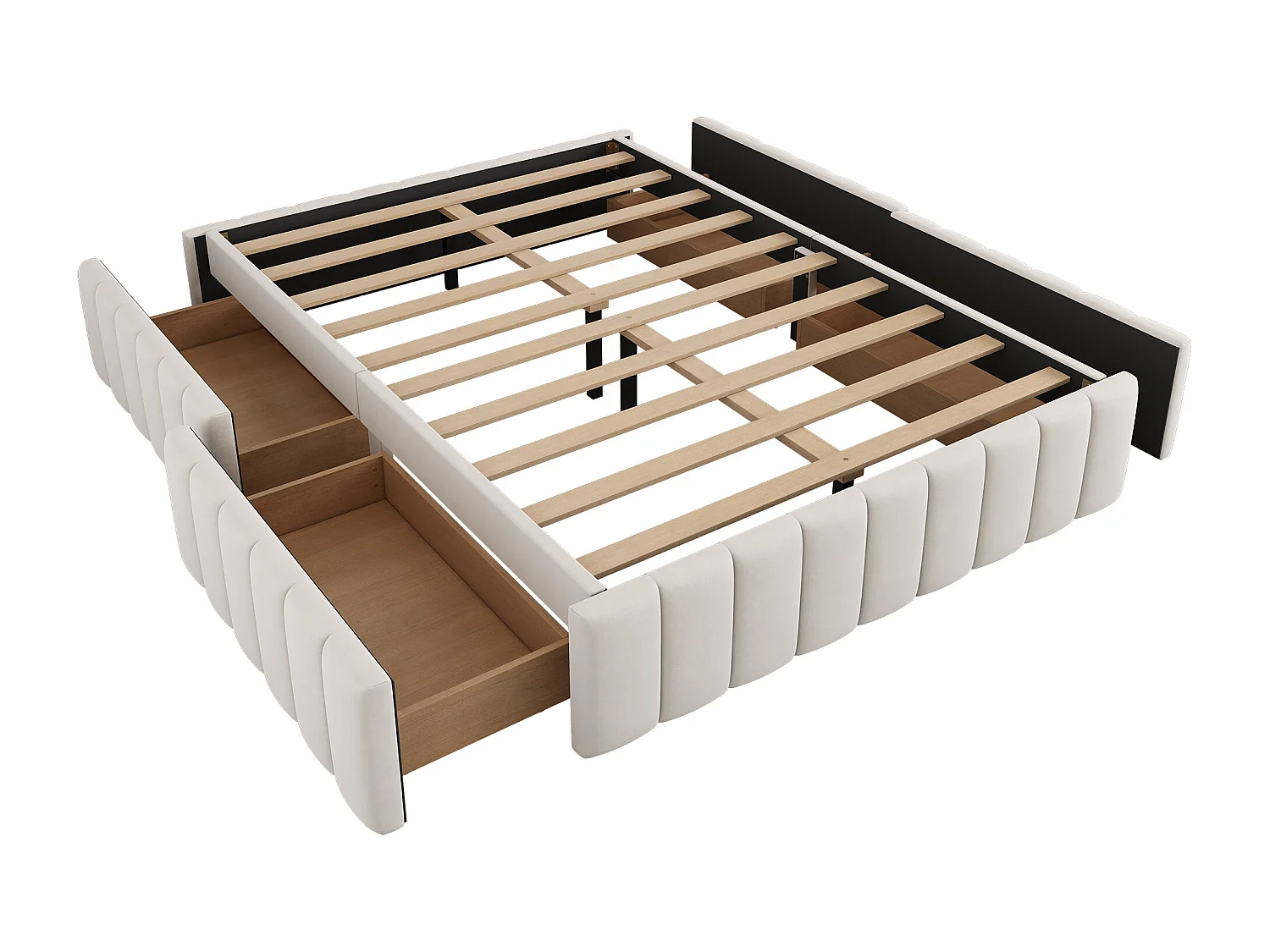 Polsterbett 140x200cm aus Samt ohne Kopfteil – mit Schubladen und Lattenrost – Beige