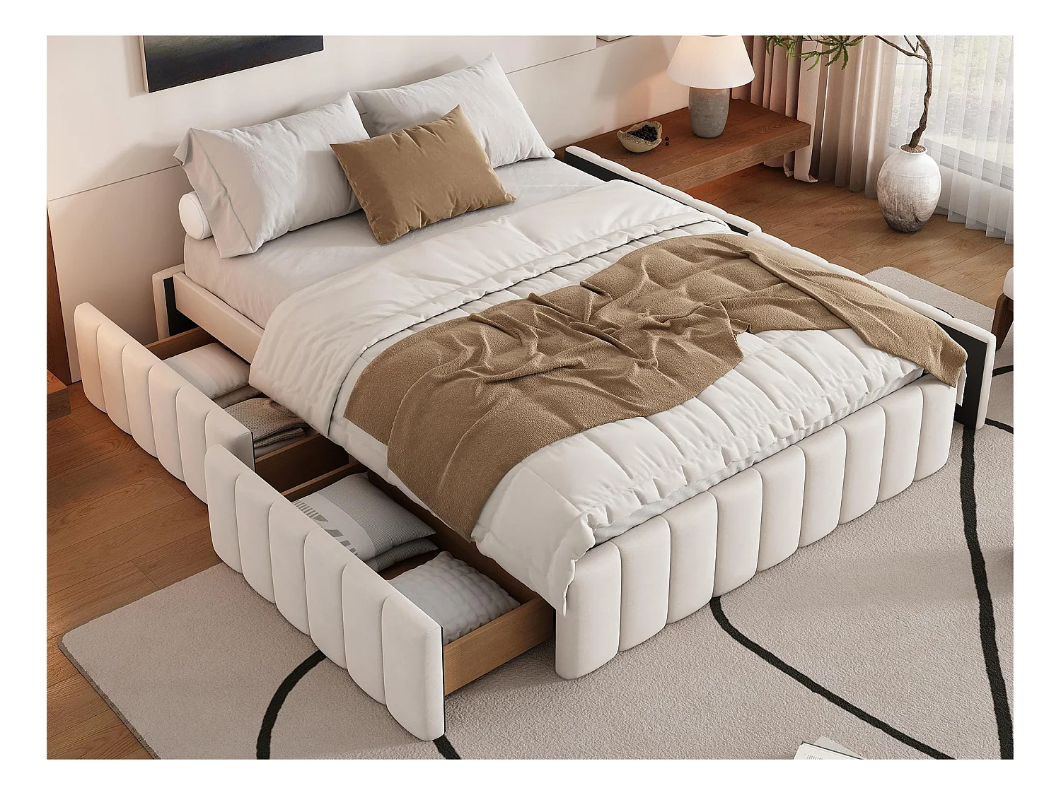 Lit capitonné 140x200cm en velours sans tête de lit - avec tiroirs et sommier à lattes - Beige