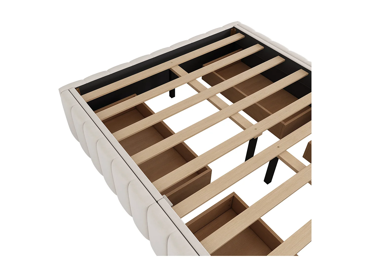 Gestoffeerd bed 140x200cm in fluweel zonder hoofdeinde - met lades en lattenbodem - Beige