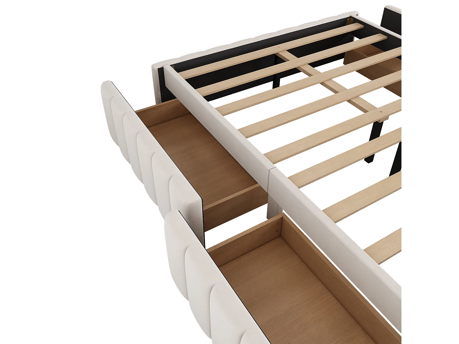 Gestoffeerd bed 140x200cm in fluweel zonder hoofdeinde - met lades en lattenbodem - Beige