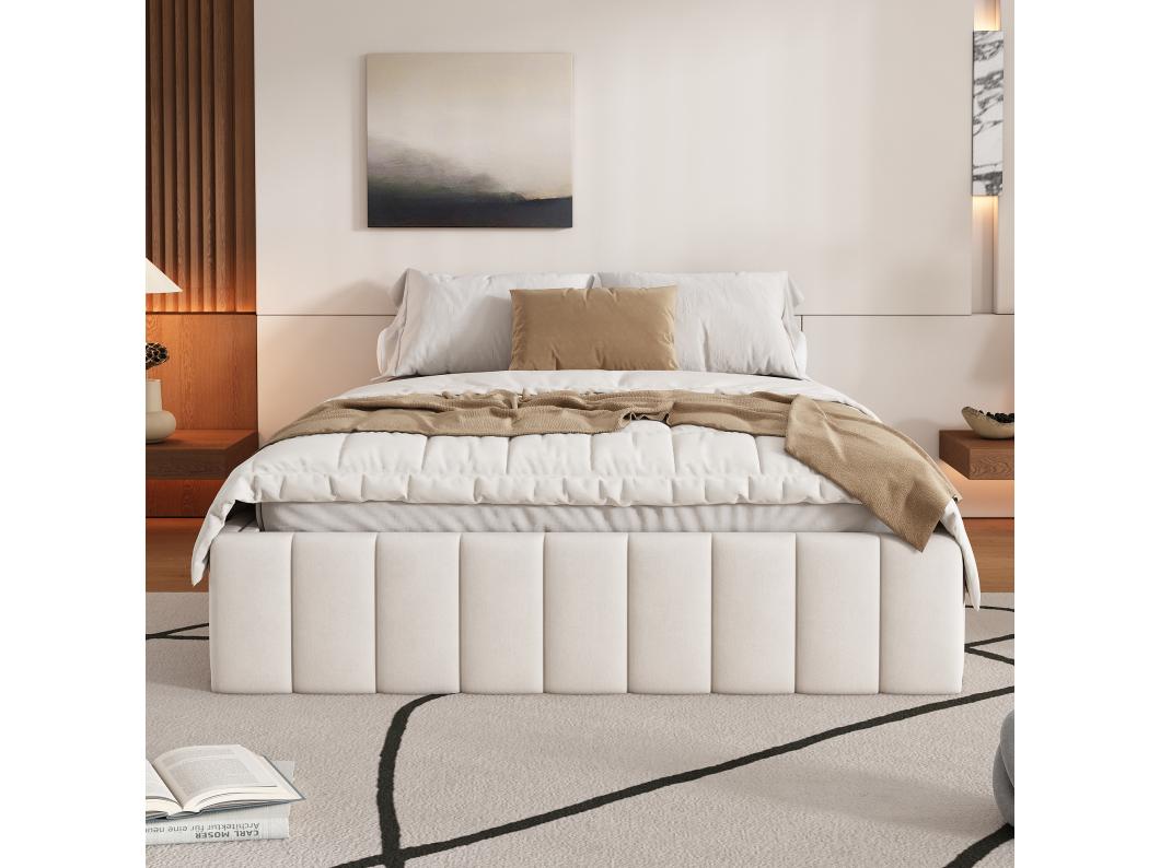 Cama estofada 140x200cm em veludo sem cabeceira - com gavetas e base de ripas - Bege