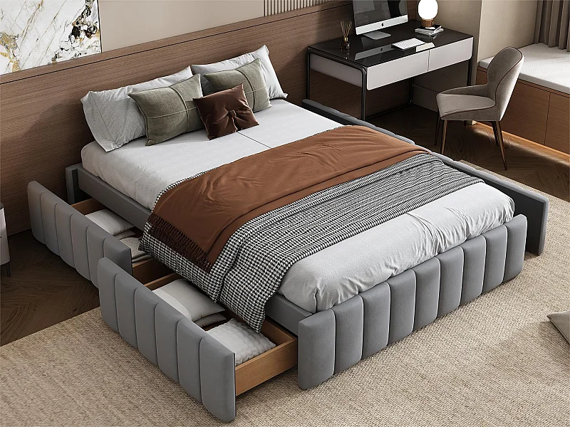 Cama estofada 140x200cm em veludo sem cabeceira - com gavetas e base de ripas - Cinza