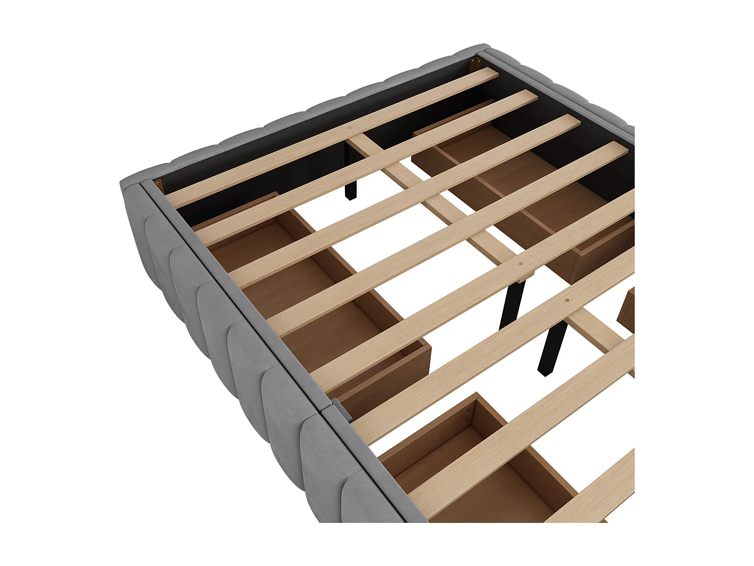 Cama estofada 140x200cm em veludo sem cabeceira - com gavetas e base de ripas - Cinza